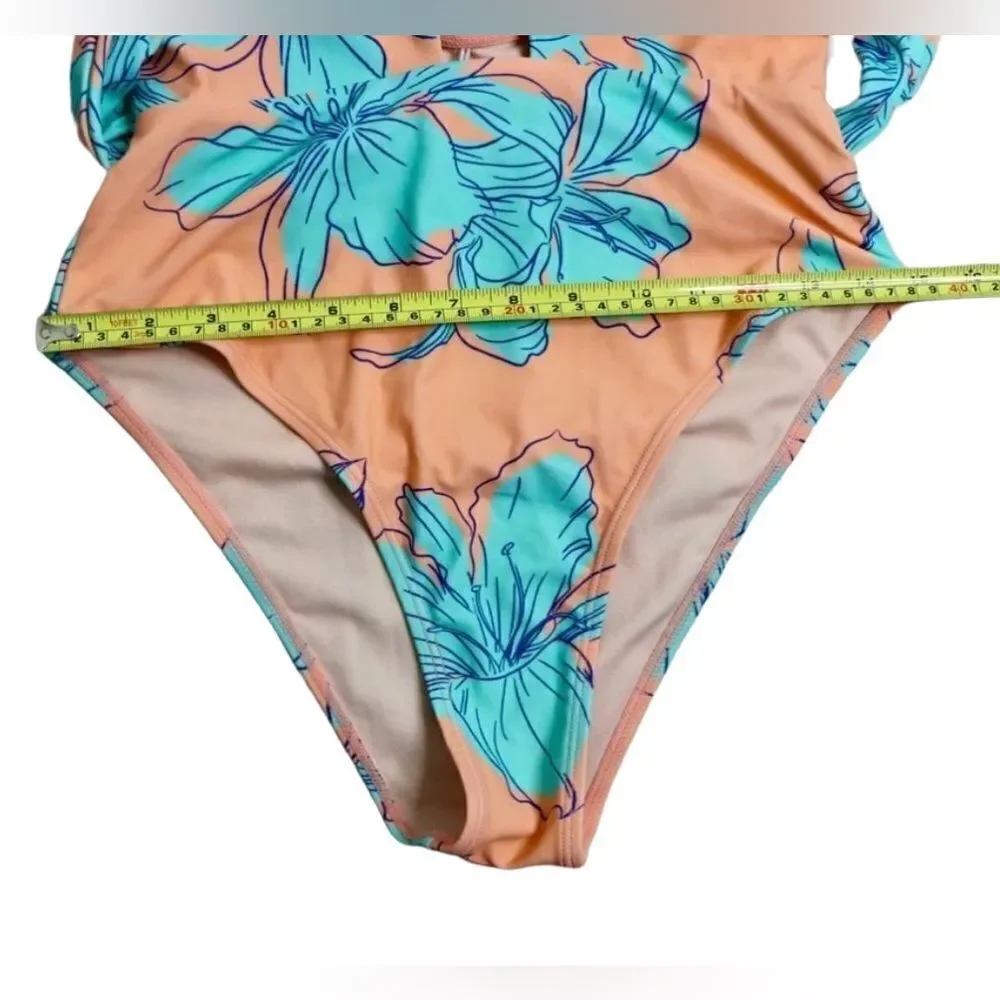 Cupshe Blooming Flowers Wrap‎ Neck One Piece Swimsuit LARGE Hawaiian Beach NWT